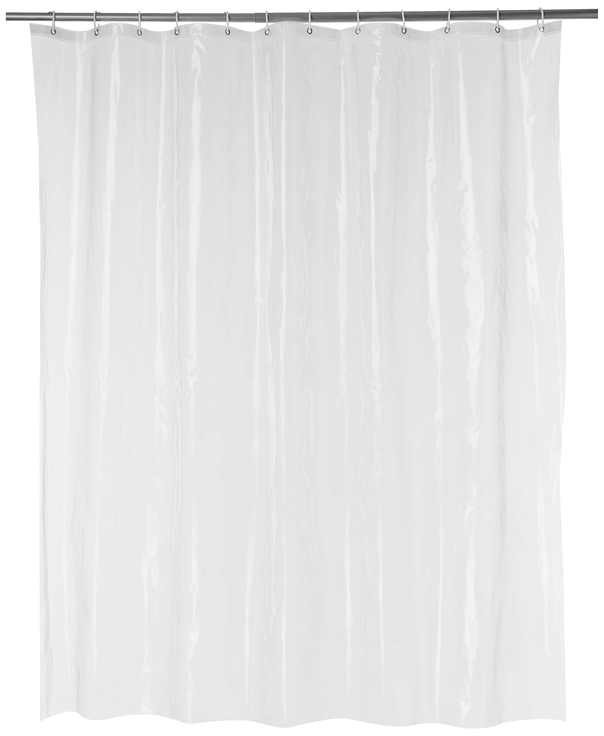 Amazon Basics Water Resistant 8-Gauge PEVA Shower Curtain Liner with Rust-Proof Metal Grommets and Plastic Hooks, 72"L x 72"W, Clear