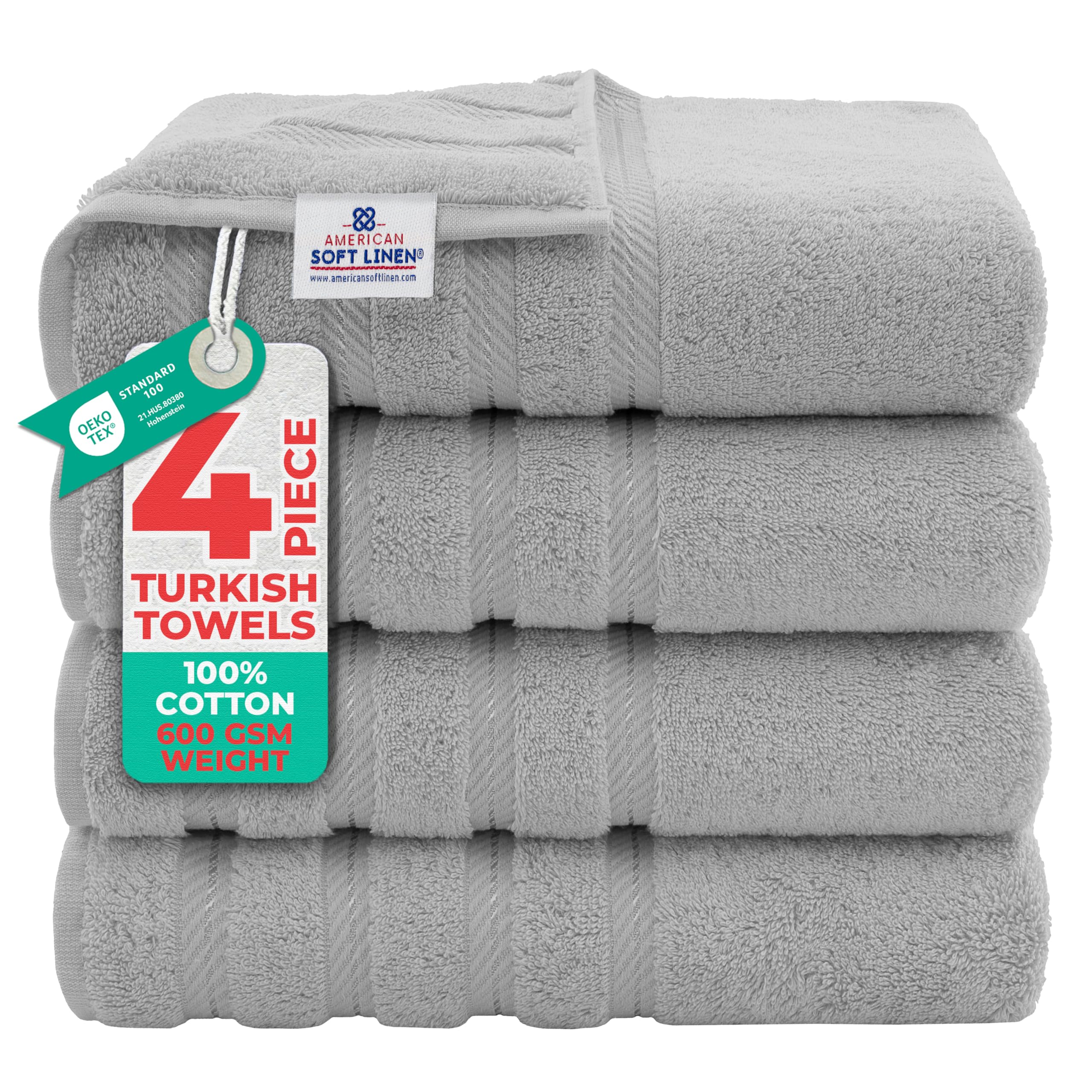 American Soft Linen Luxury 4 Piece Bath Towel Set, 600 GSM 100% Cotton Turkish Bath Towels for Bathroom, 27x54 in Large Bathroom Shower Towels, Dark Gray